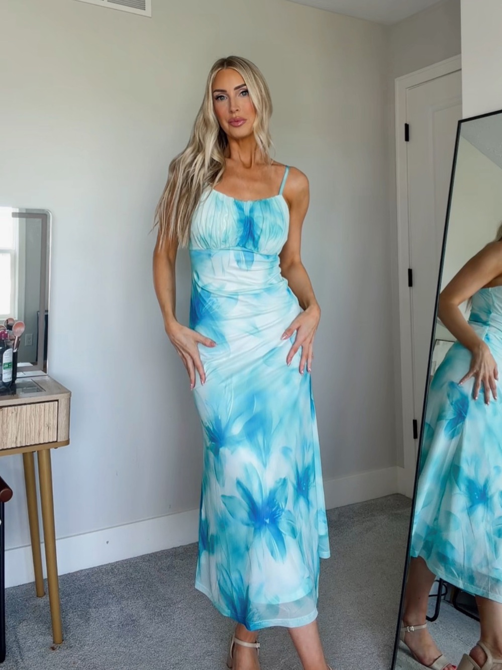 Blue Floral Slip Maxi Dress - Aqua & Teal